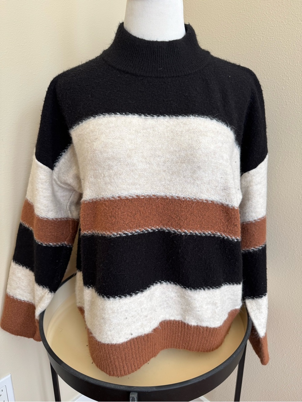 Universal Thread Striped Mock Neck Sweater - Black, Cream & Brown